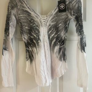 Affliction White Cream Ruched Graphic Blouse